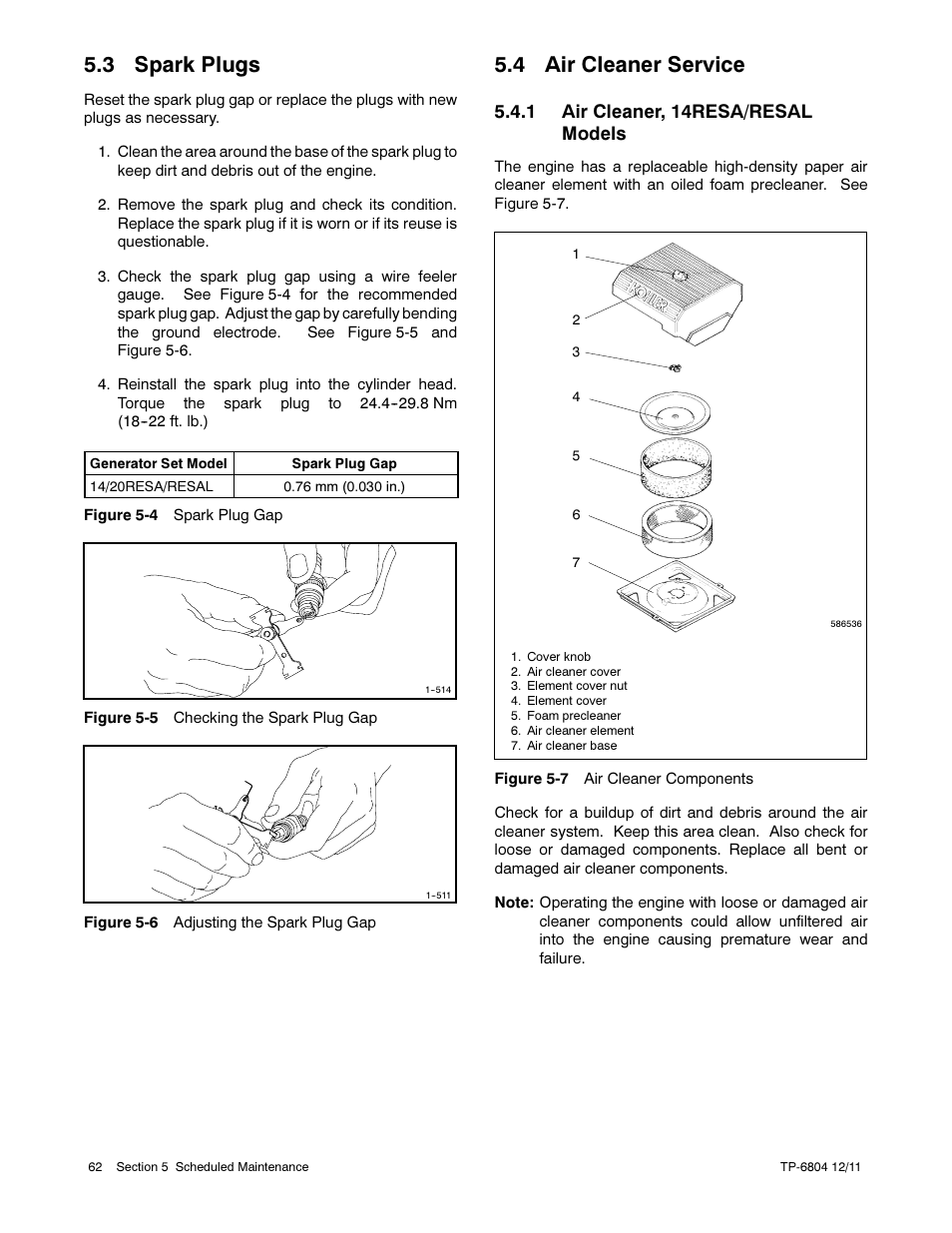 3 spark plugs, 4 air cleaner service | Kohler Power Systems 14/20RESA User Manual | Page 62 / 72