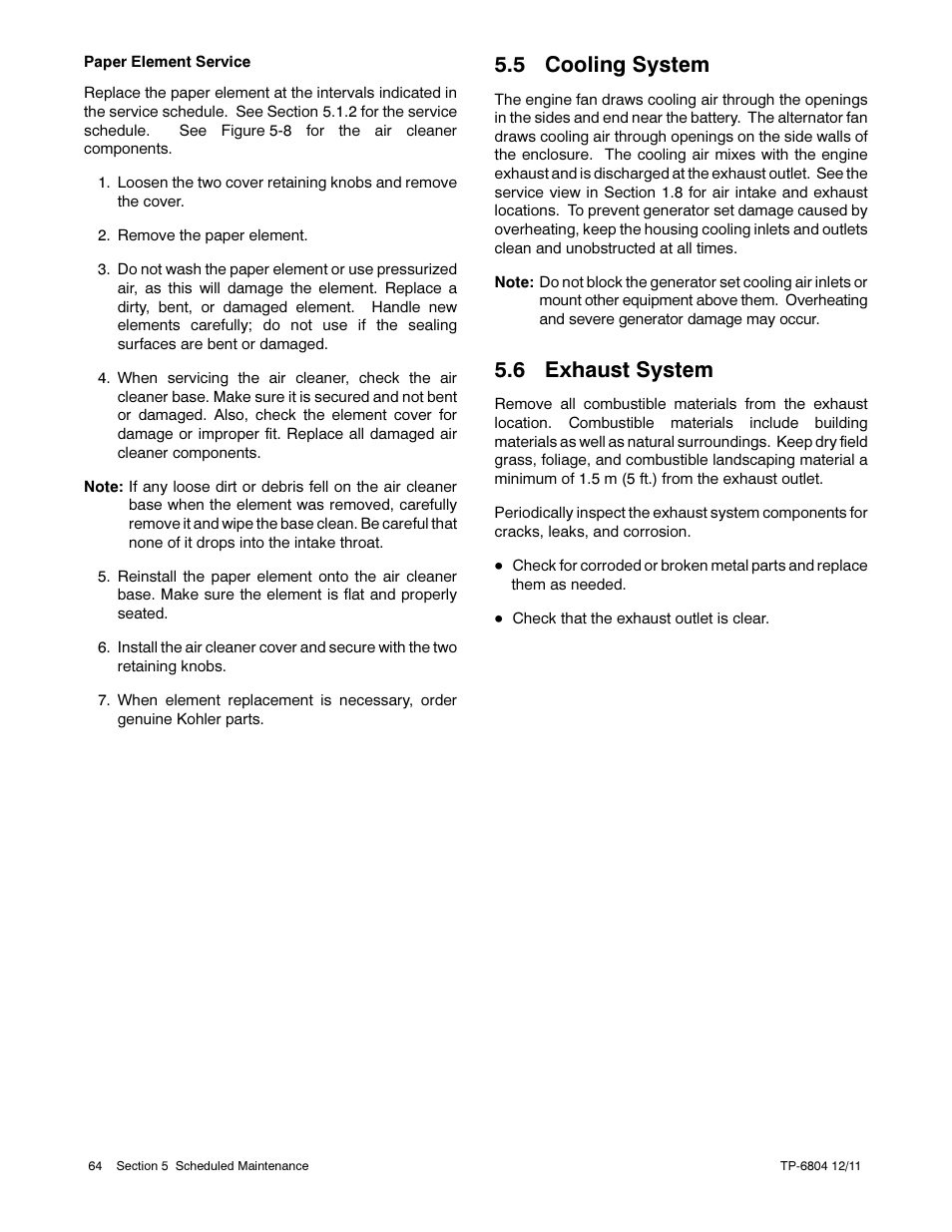 5 cooling system, 6 exhaust system | Kohler Power Systems 14/20RESA User Manual | Page 64 / 72