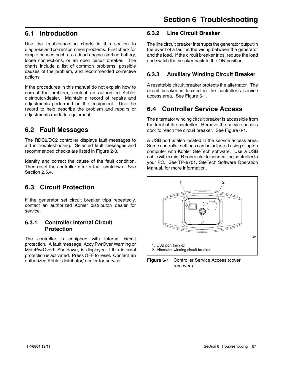 1 introduction, 2 fault messages, 3 circuit protection | 4 controller service access | Kohler Power Systems 14/20RESA User Manual | Page 67 / 72
