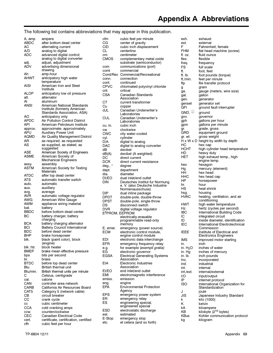 Appendix a abbreviations | Kohler Power Systems 14/20RESA User Manual | Page 69 / 72