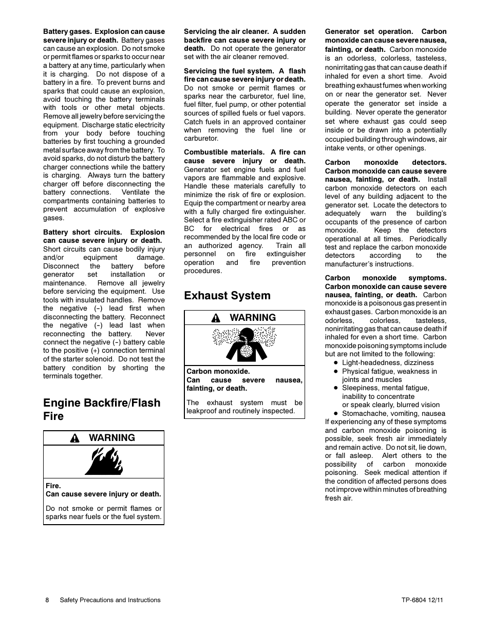 Engine backfire/flash fire, Exhaust system, Warning | Kohler Power Systems 14/20RESA User Manual | Page 8 / 72