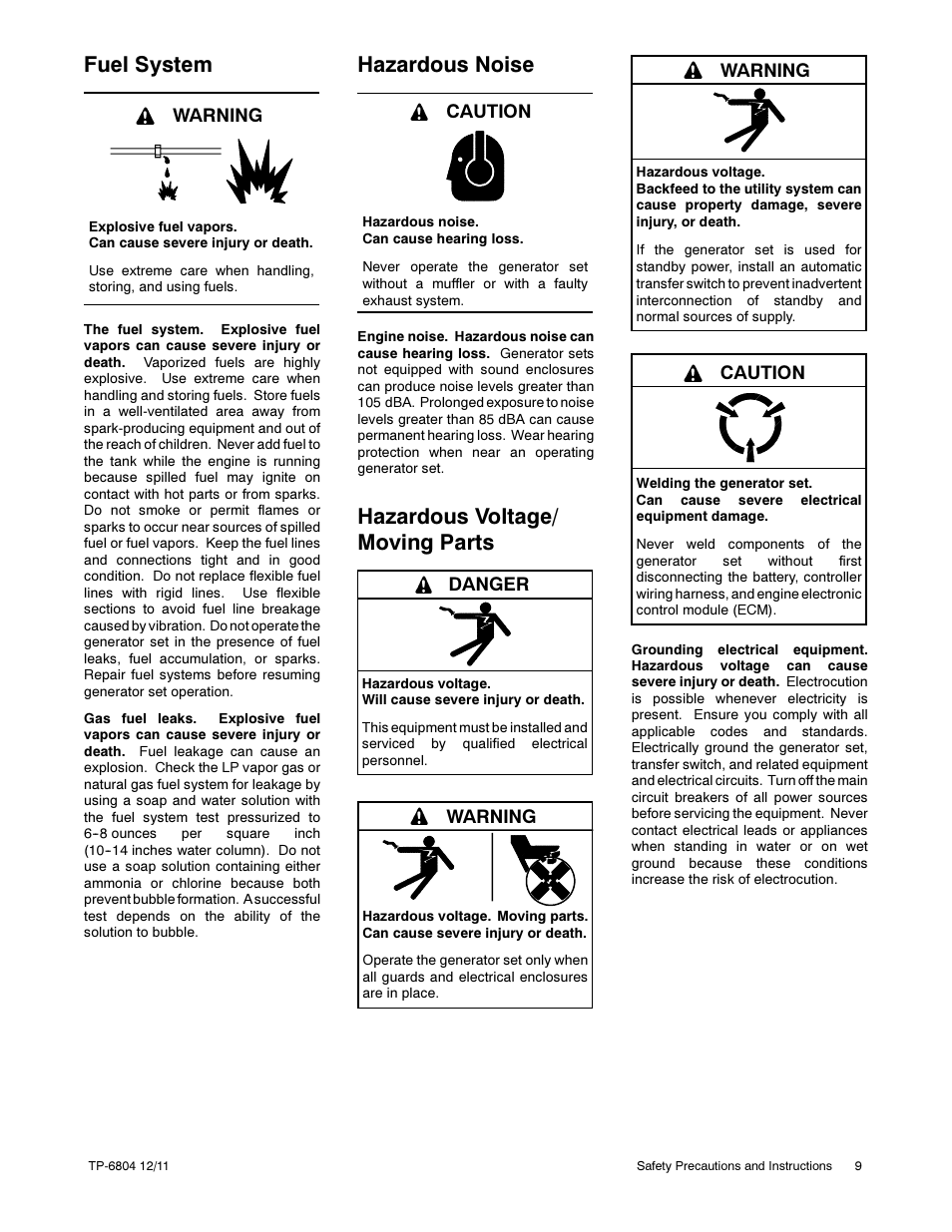 Fuel system, Hazardous noise, Hazardous voltage/ moving parts | Warning, Caution, Danger | Kohler Power Systems 14/20RESA User Manual | Page 9 / 72