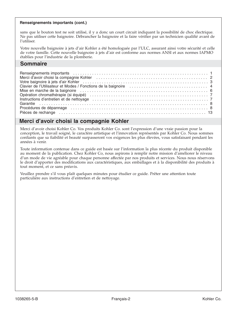 Sommaire, Merci d’avoir choisi la compagnie kohler | Kohler Bath With Airjets K-1375 User Manual | Page 18 / 48
