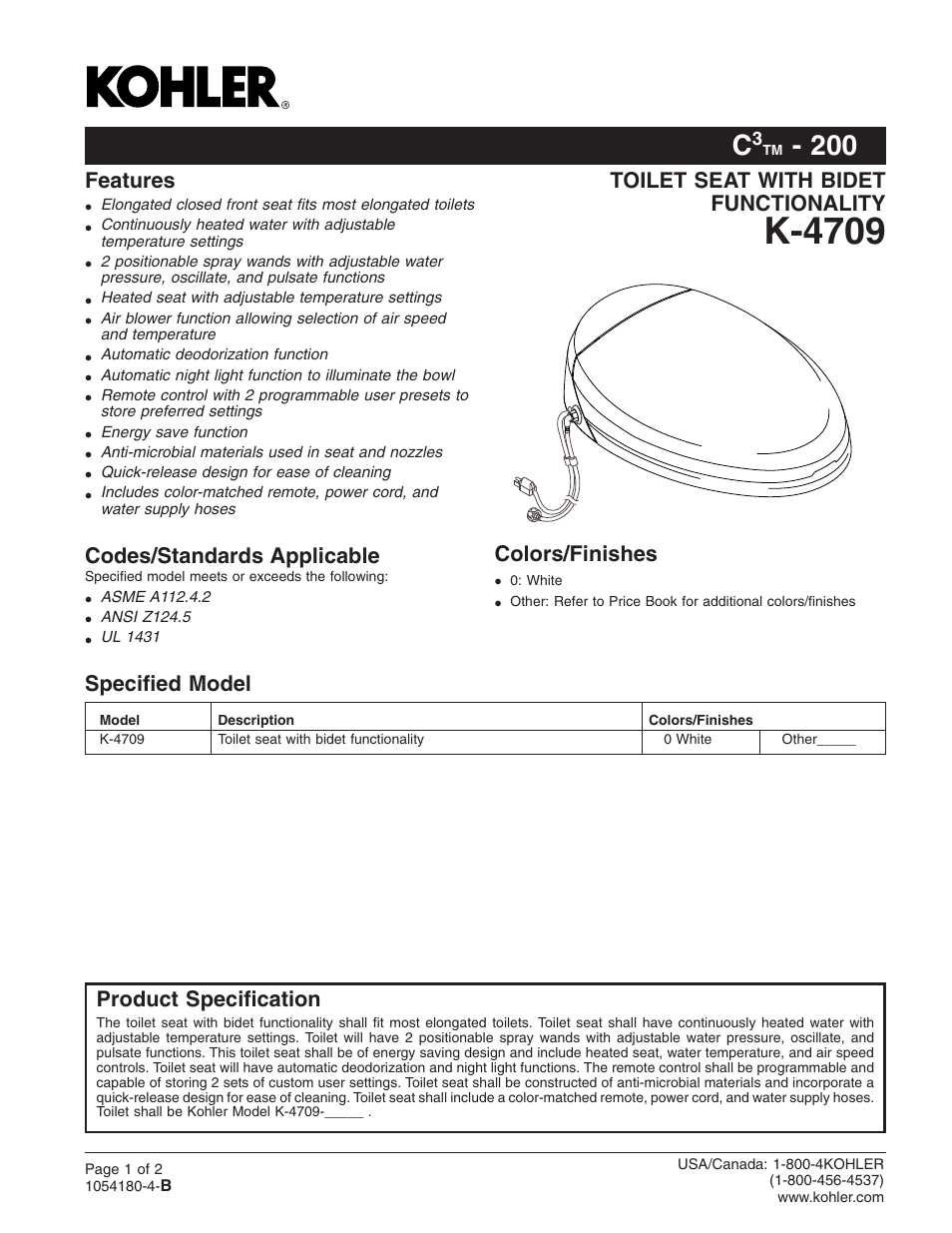 Kohler Toilet Seat with Bidet Functionality K-4709 User Manual | 2 pages