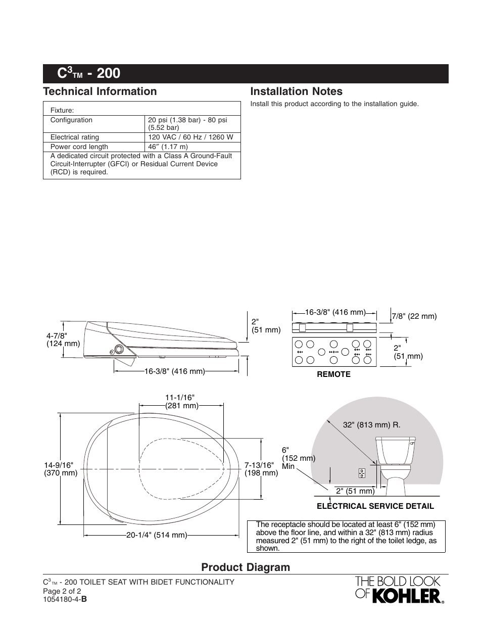 Technical information, Product diagram | Kohler Toilet Seat with Bidet Functionality K-4709 User Manual | Page 2 / 2