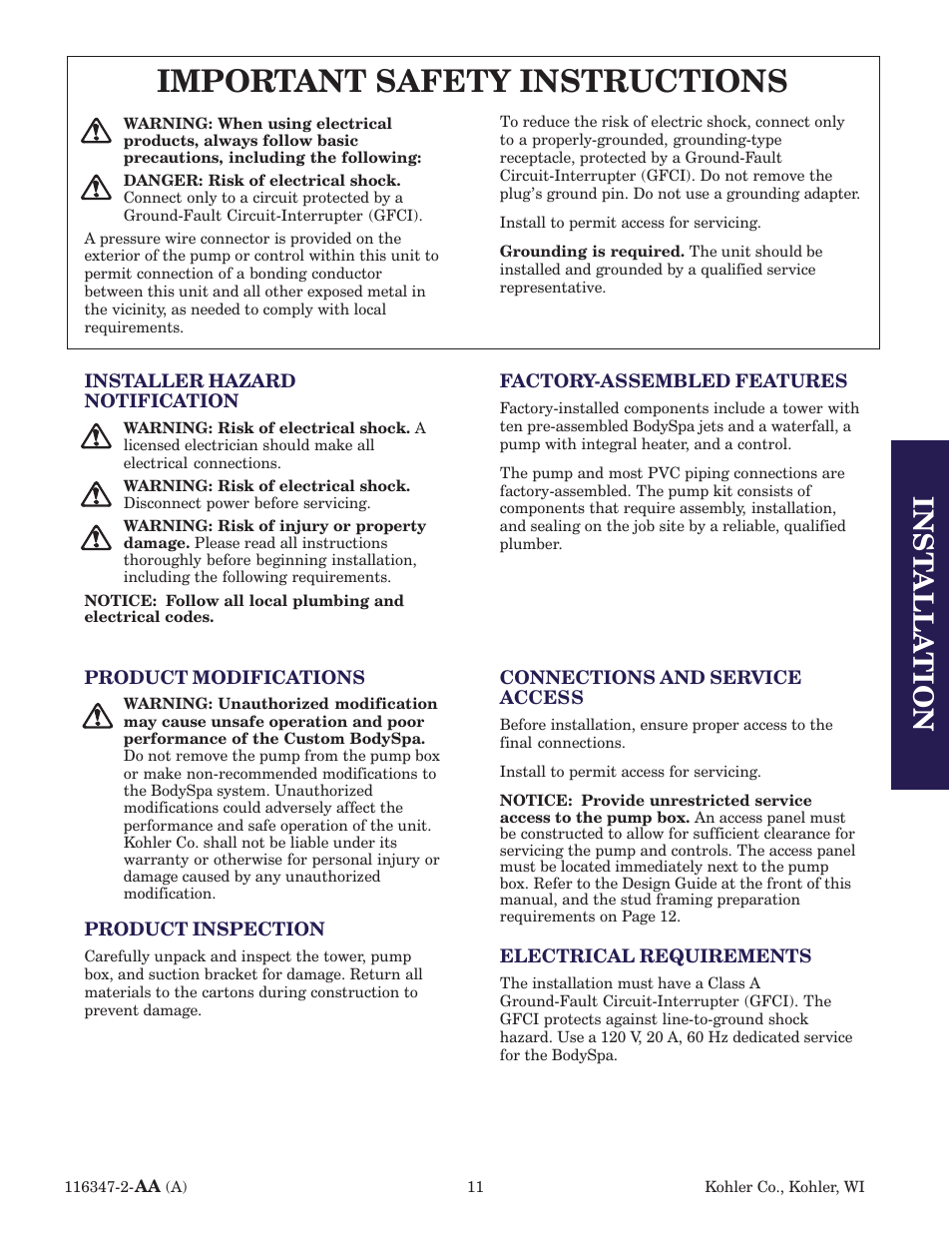 Important safety instructions, Inst alla tion | Kohler custom Bodyspa 116347-2 User Manual | Page 10 / 31