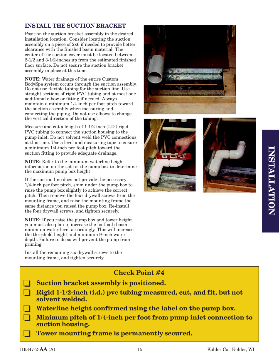 Inst alla tion, Check point #4, Suction bracket assembly is positioned | Tower mounting frame is permanently secured | Kohler custom Bodyspa 116347-2 User Manual | Page 14 / 31