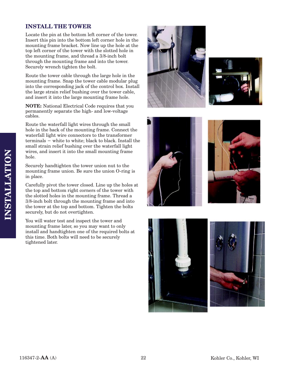 Inst alla tion inst alla tion | Kohler custom Bodyspa 116347-2 User Manual | Page 21 / 31