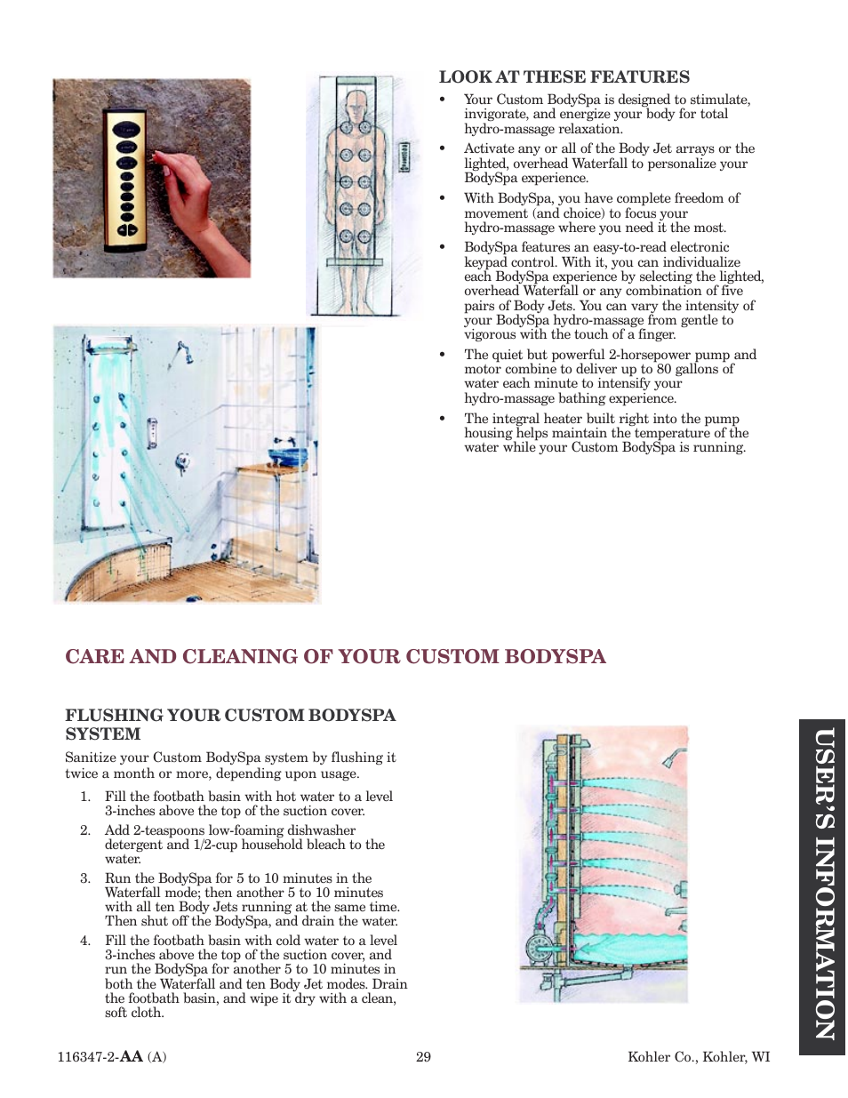 User's informa tion, Care and cleaning of your custom bodyspa | Kohler custom Bodyspa 116347-2 User Manual | Page 28 / 31