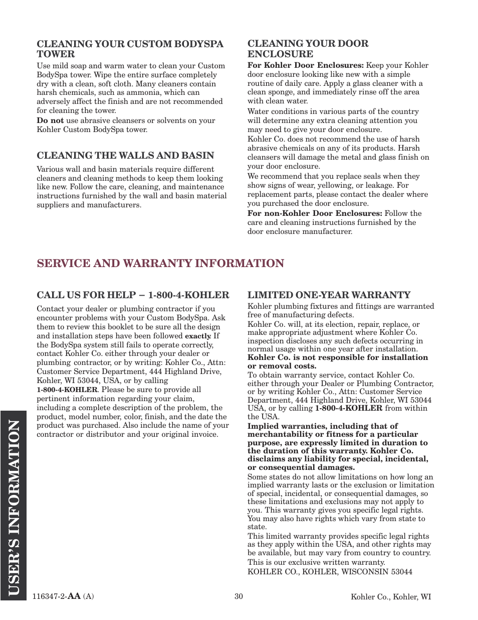 Service and warranty information | Kohler custom Bodyspa 116347-2 User Manual | Page 29 / 31