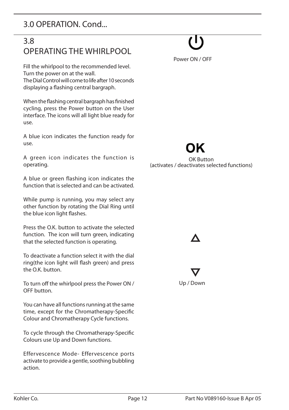 8 operating the whirlpool, 0 operation. cond | Kohler Purist/Purist with Mood Lighting K-1110-CT-0 User Manual | Page 12 / 16