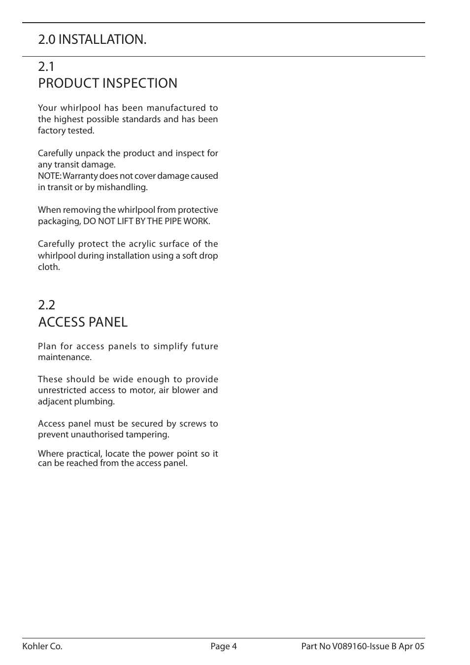 1 product inspection, 2 access panel, 0 installation | Kohler Purist/Purist with Mood Lighting K-1110-CT-0 User Manual | Page 4 / 16