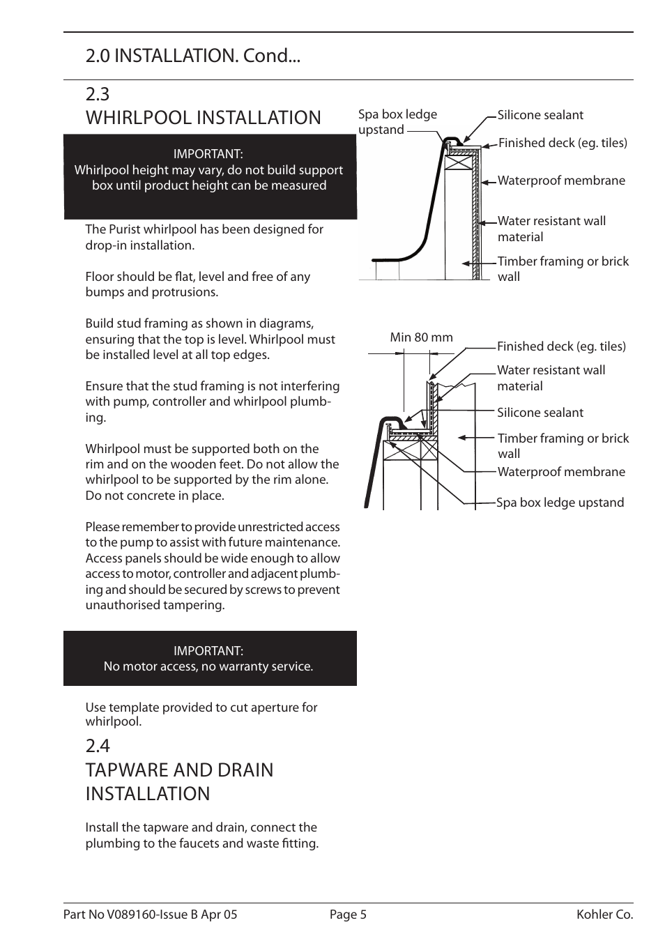 3 whirlpool installation, 4 tapware and drain installation, 0 installation. cond | Kohler Purist/Purist with Mood Lighting K-1110-CT-0 User Manual | Page 5 / 16