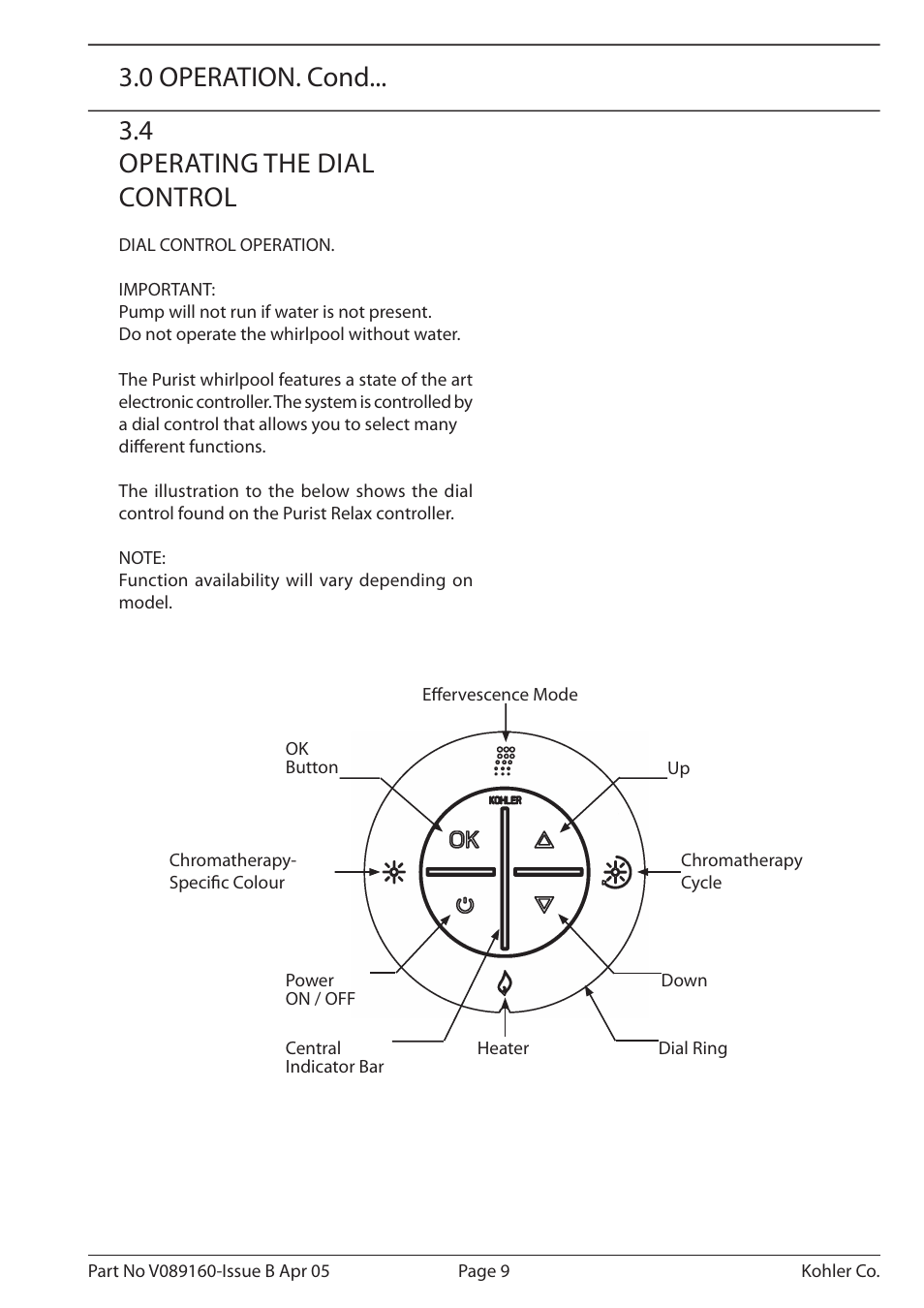 4 operating the dial control, 0 operation. cond | Kohler Purist/Purist with Mood Lighting K-1110-CT-0 User Manual | Page 9 / 16