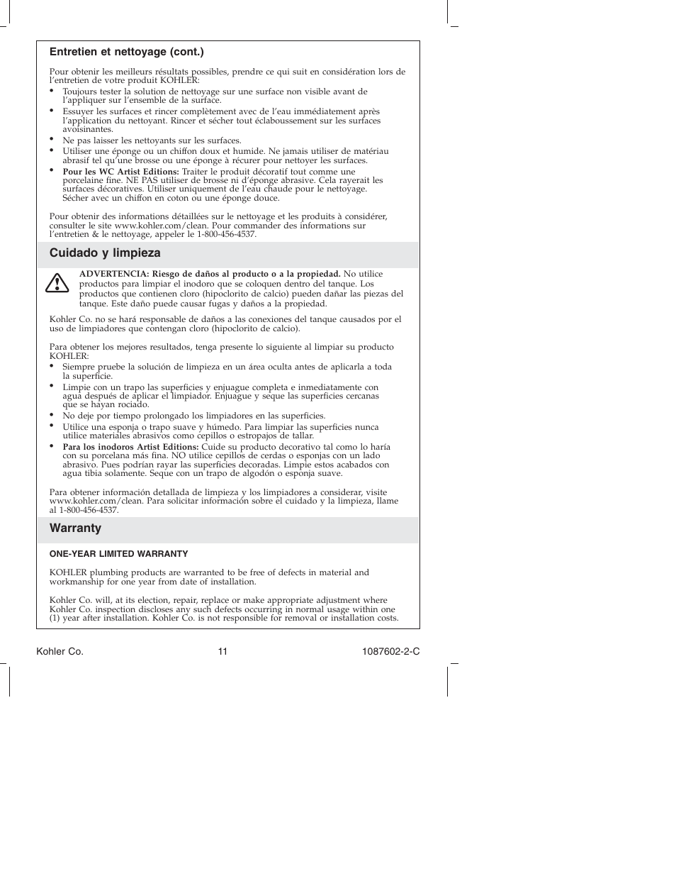 Cuidado y limpieza, Warranty | Kohler K-3564 User Manual | Page 11 / 20