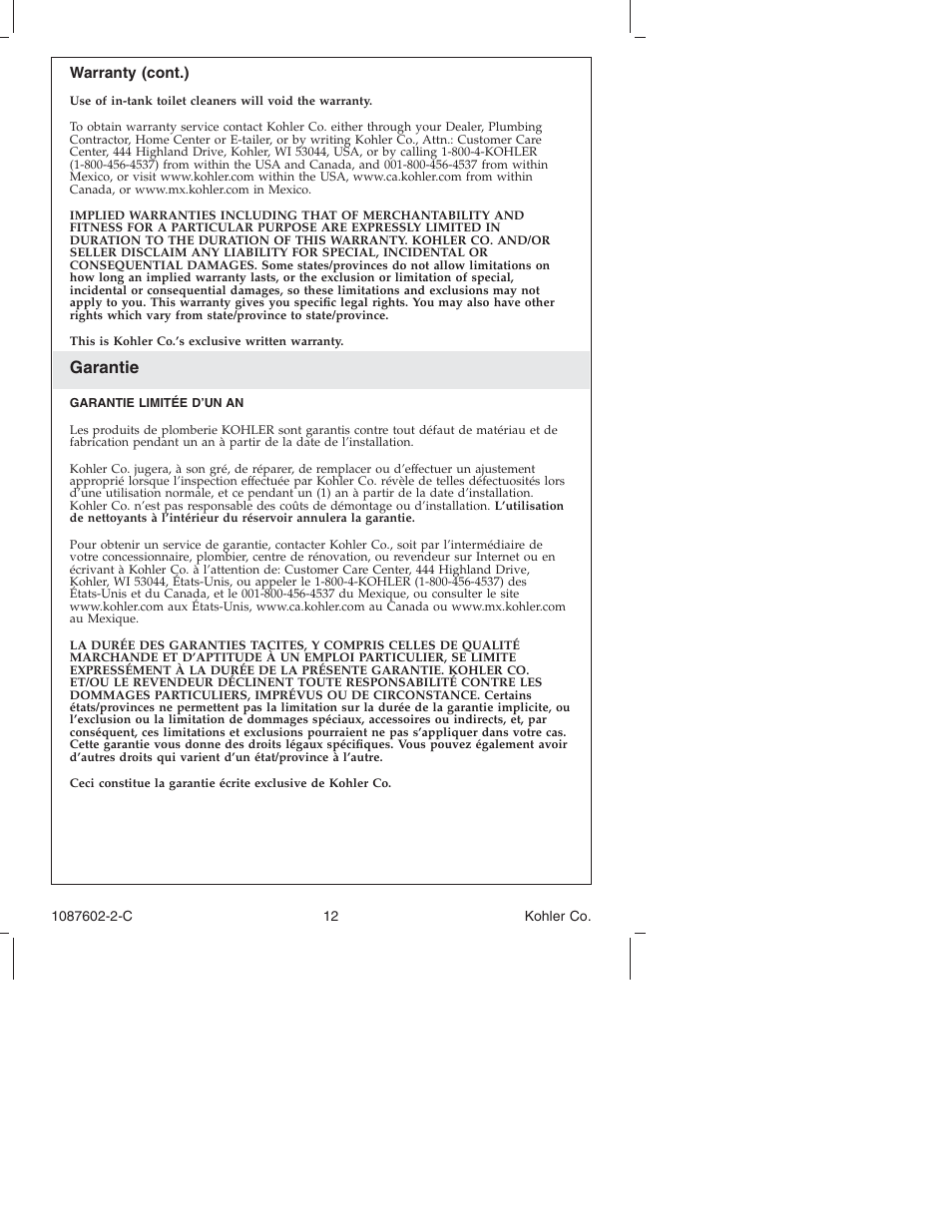 Garantie | Kohler K-3564 User Manual | Page 12 / 20