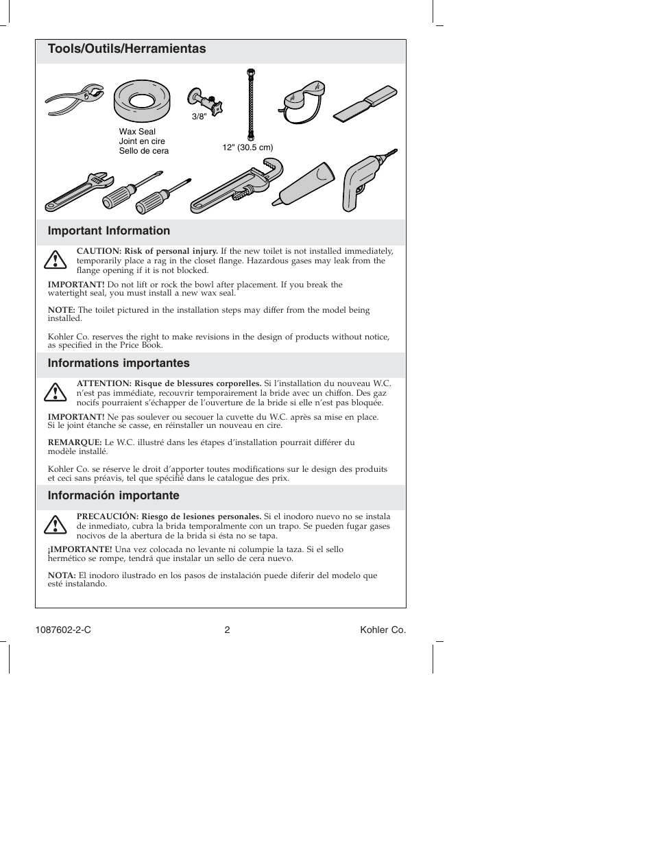 Tools/outils/herramientas, Important information, Informations importantes | Información importante | Kohler K-3564 User Manual | Page 2 / 20