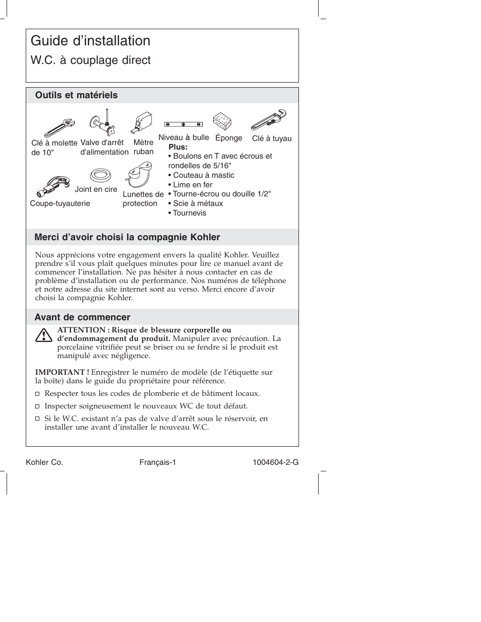 Guide d’installation, W.c. à couplage direct | Kohler Close-Coupled Toilet K3428 User Manual | Page 8 / 20