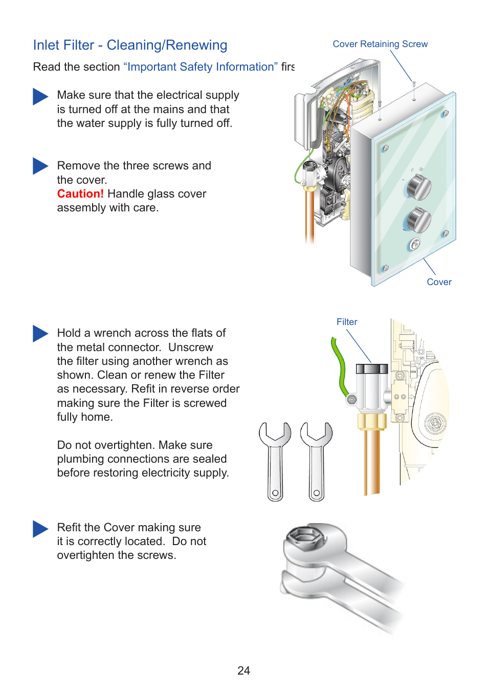 Inlet filter - cleaning/renewing | Kohler Thermostatic Electric Shower User Manual | Page 24 / 32