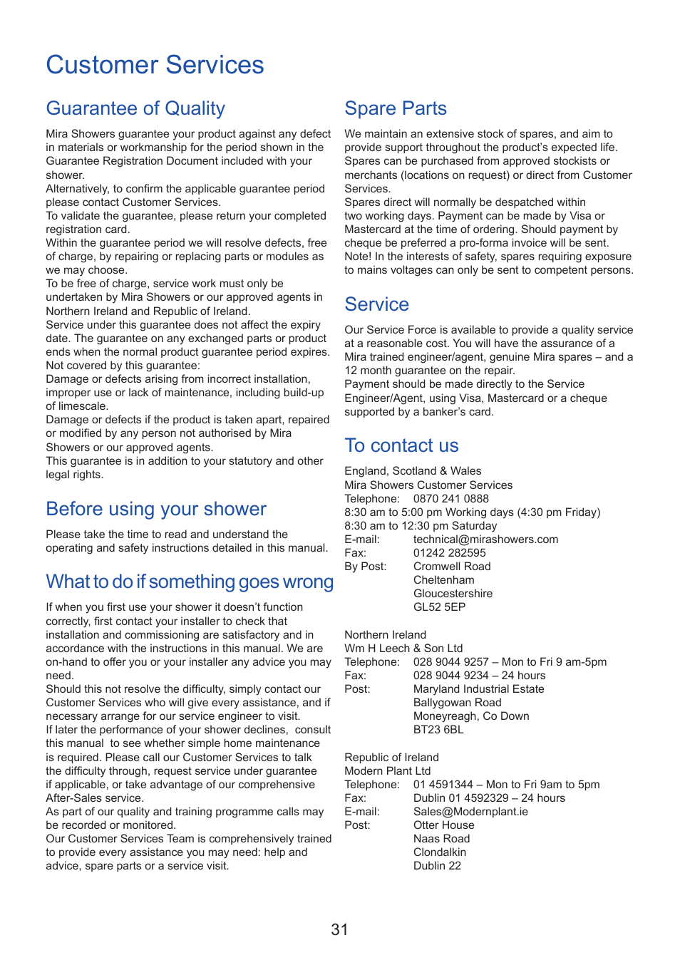 Customer services, Spare parts, Service | Guarantee of quality, Before using your shower, What to do if something goes wrong | Kohler Thermostatic Electric Shower User Manual | Page 31 / 32