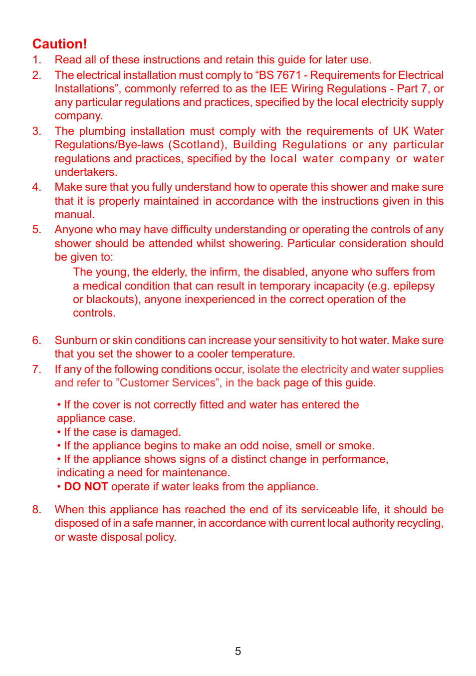 Caution | Kohler Thermostatic Electric Shower User Manual | Page 5 / 32