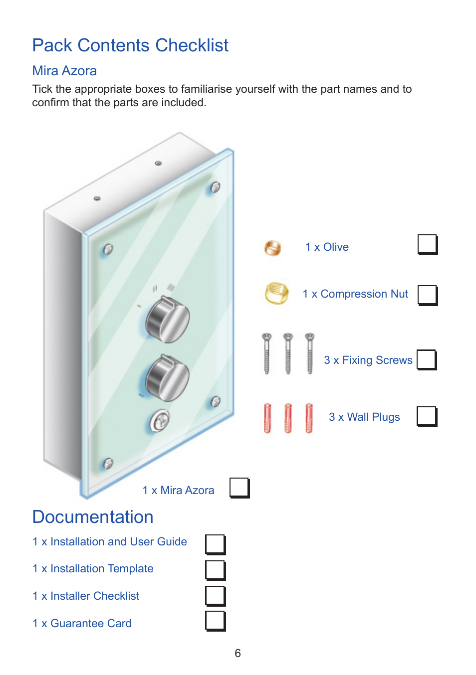 Pack contents checklist, Documentation | Kohler Thermostatic Electric Shower User Manual | Page 6 / 32