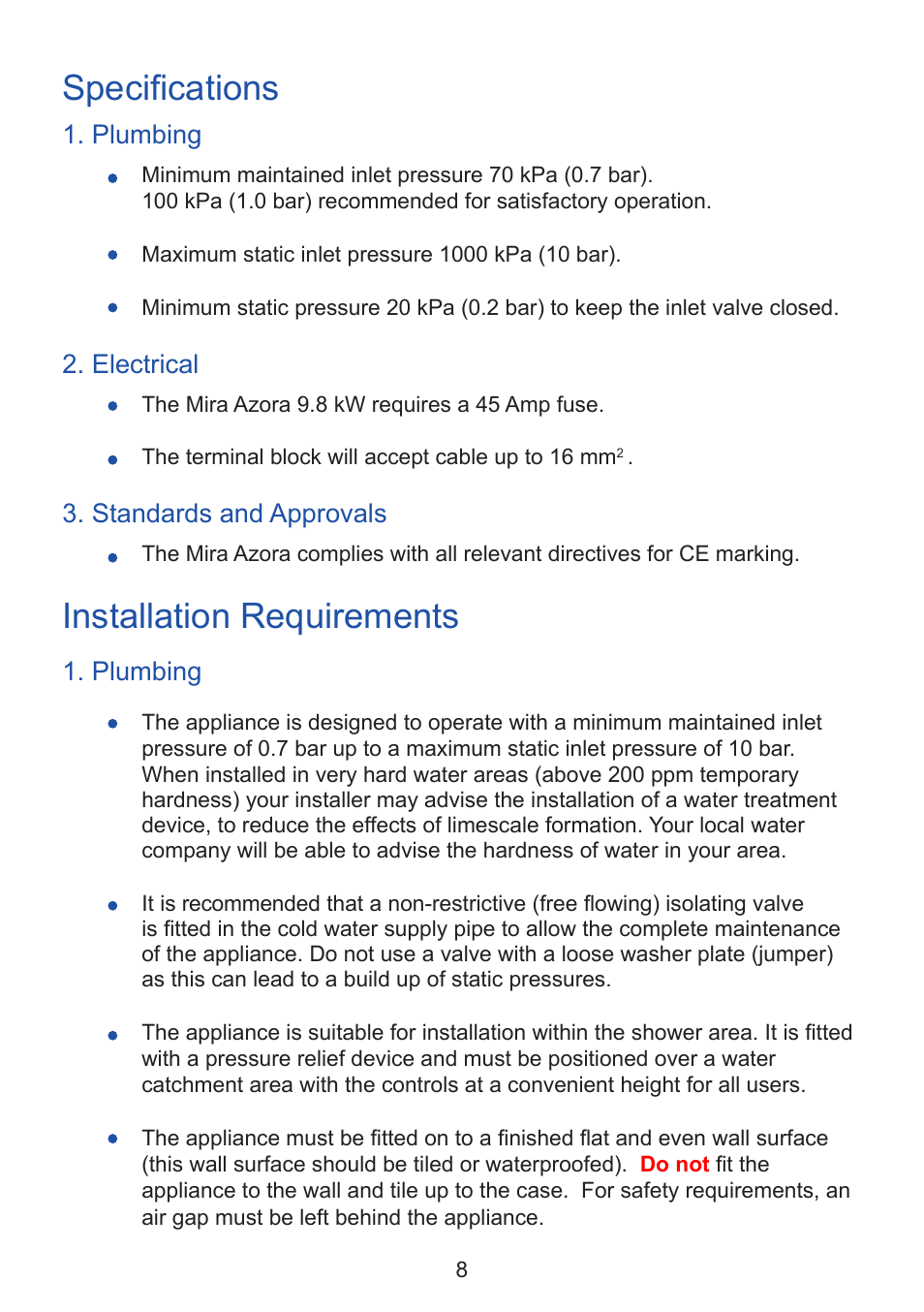 Installation requirements, Specifications, Plumbing | Electrical, Standards and approvals | Kohler Thermostatic Electric Shower User Manual | Page 8 / 32