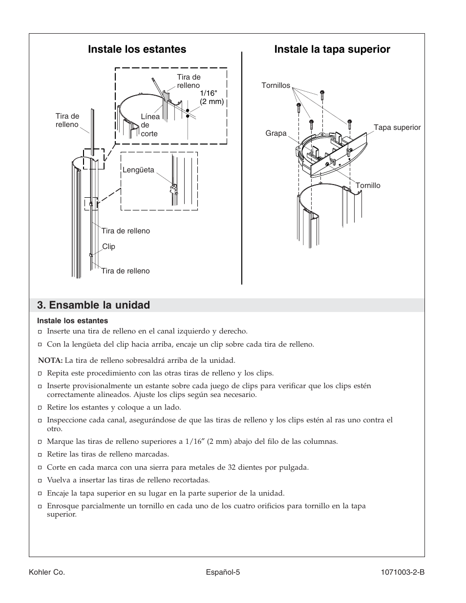 Ensamble la unidad, Instale los estantes instale la tapa superior | Kohler 1071003-2-B User Manual | Page 21 / 28