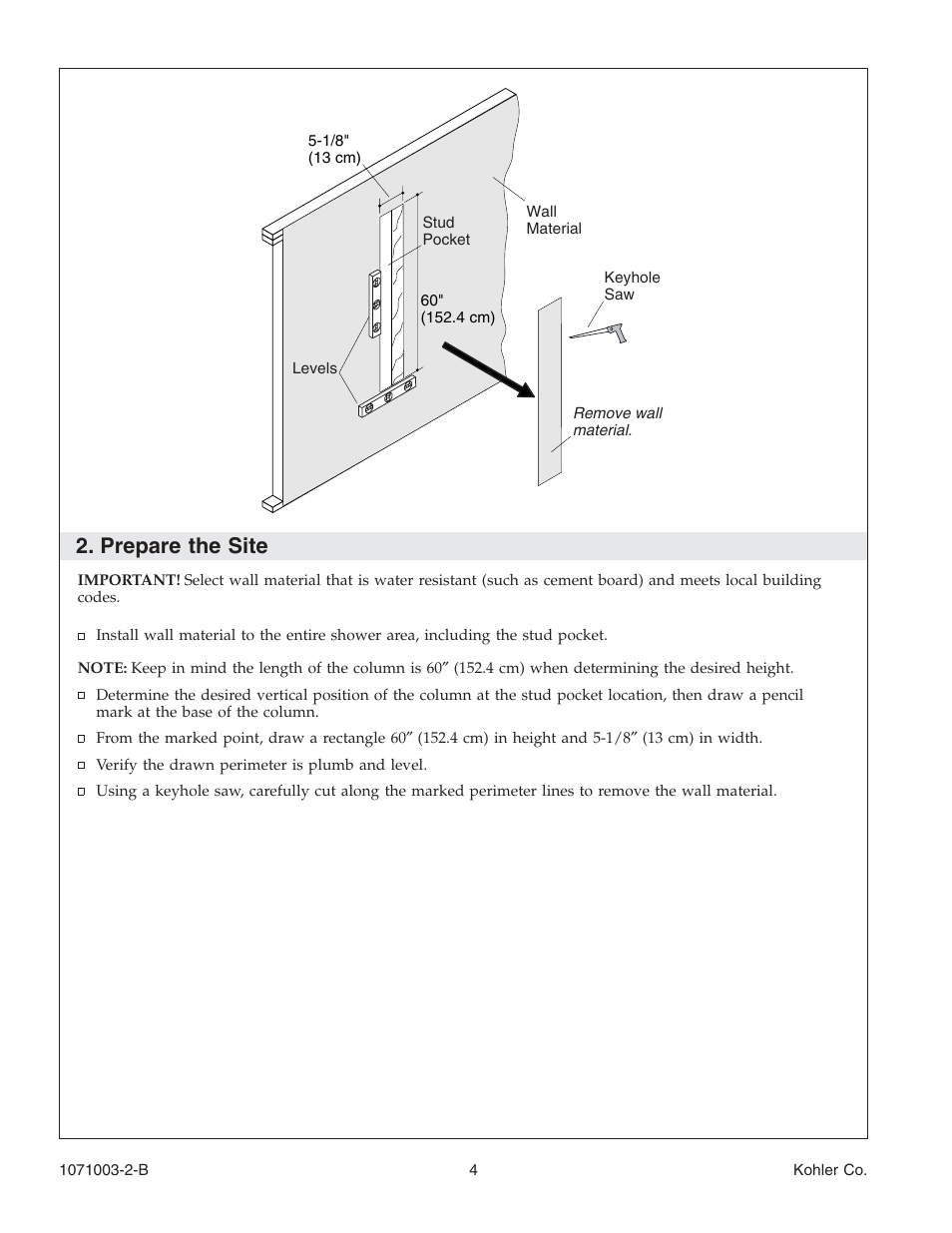 Prepare the site | Kohler 1071003-2-B User Manual | Page 4 / 28