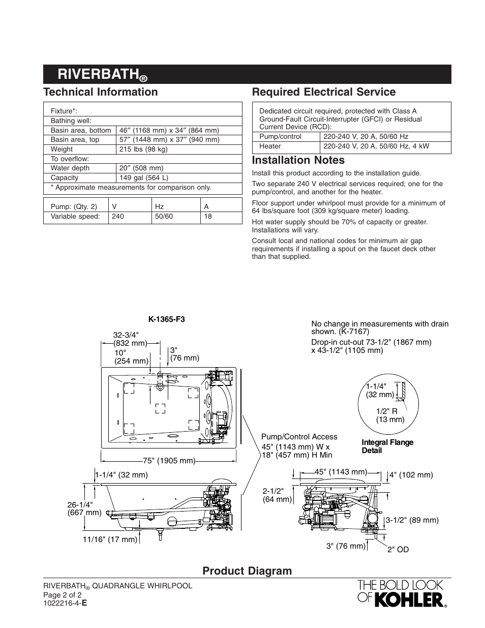 Riverbath, Technical information, Required electrical service | Product diagram | Kohler RiverBath Quadrangle K-1365-F3 User Manual | Page 2 / 2