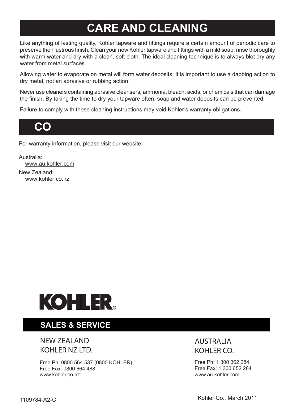 Care and cleaning, New zealand kohler nz ltd. australia kohler co, Sales & service | Kohler Karbon Kitchen Sink Tap K-6227A User Manual | Page 12 / 12