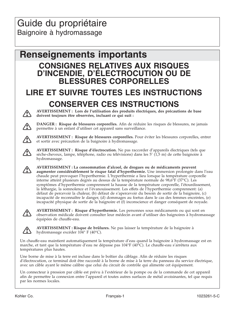 Guide du propriétaire, Renseignements importants, Baignoire à hydromassage | Kohler Bath Whirlpool K-1110-CT User Manual | Page 17 / 52