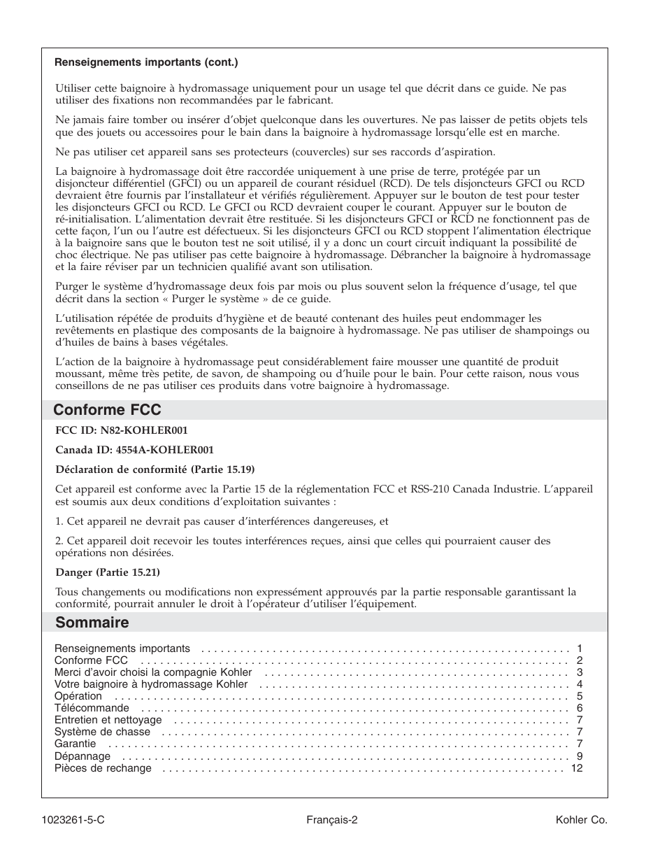 Conforme fcc, Sommaire | Kohler Bath Whirlpool K-1110-CT User Manual | Page 18 / 52