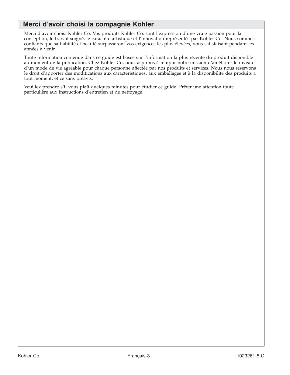 Merci d’avoir choisi la compagnie kohler | Kohler Bath Whirlpool K-1110-CT User Manual | Page 19 / 52
