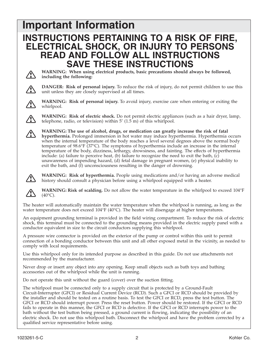 Important information | Kohler Bath Whirlpool K-1110-CT User Manual | Page 2 / 52