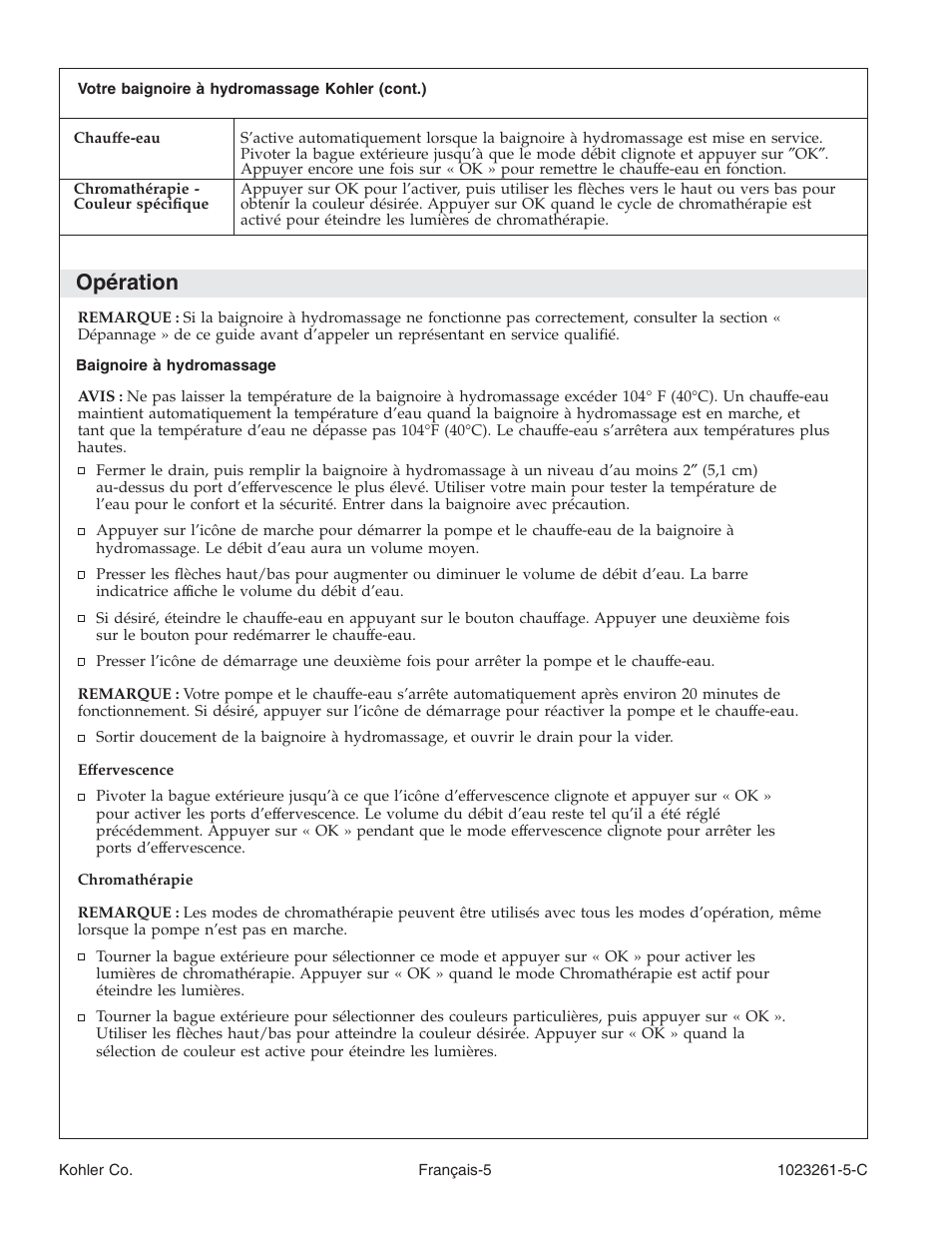 Opération | Kohler Bath Whirlpool K-1110-CT User Manual | Page 21 / 52