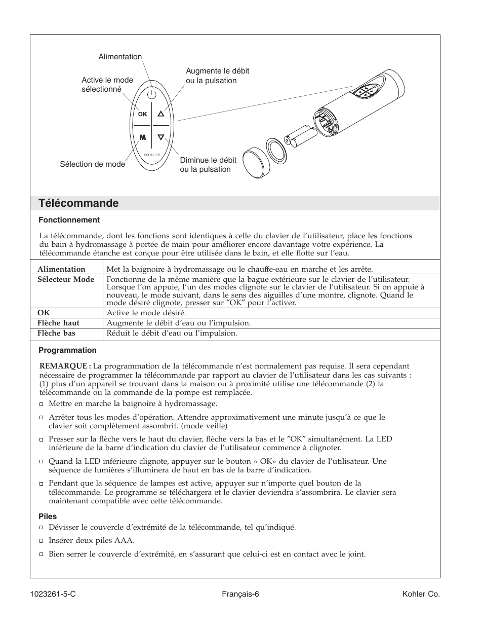 Télécommande | Kohler Bath Whirlpool K-1110-CT User Manual | Page 22 / 52