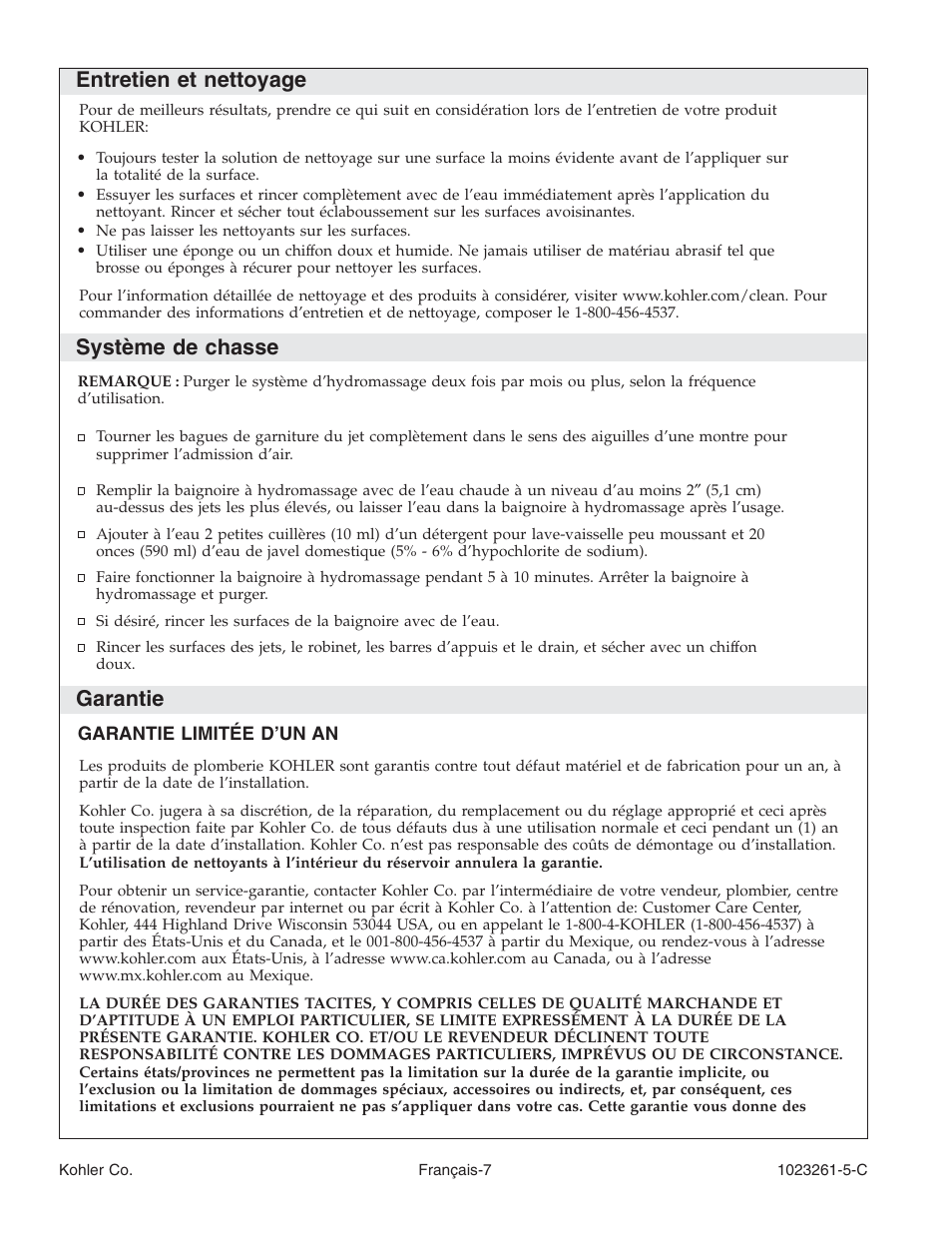 Entretien et nettoyage, Système de chasse, Garantie | Kohler Bath Whirlpool K-1110-CT User Manual | Page 23 / 52