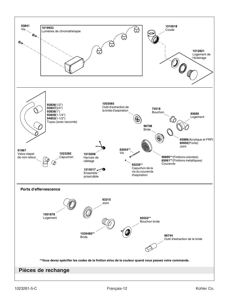 Pièces de rechange | Kohler Bath Whirlpool K-1110-CT User Manual | Page 28 / 52