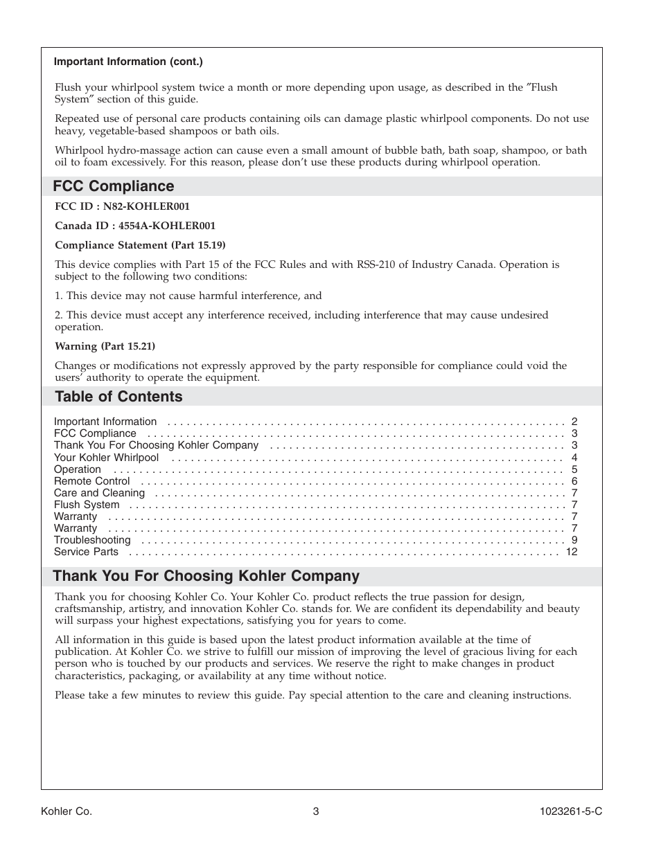 Kohler Bath Whirlpool K-1110-CT User Manual | Page 3 / 52