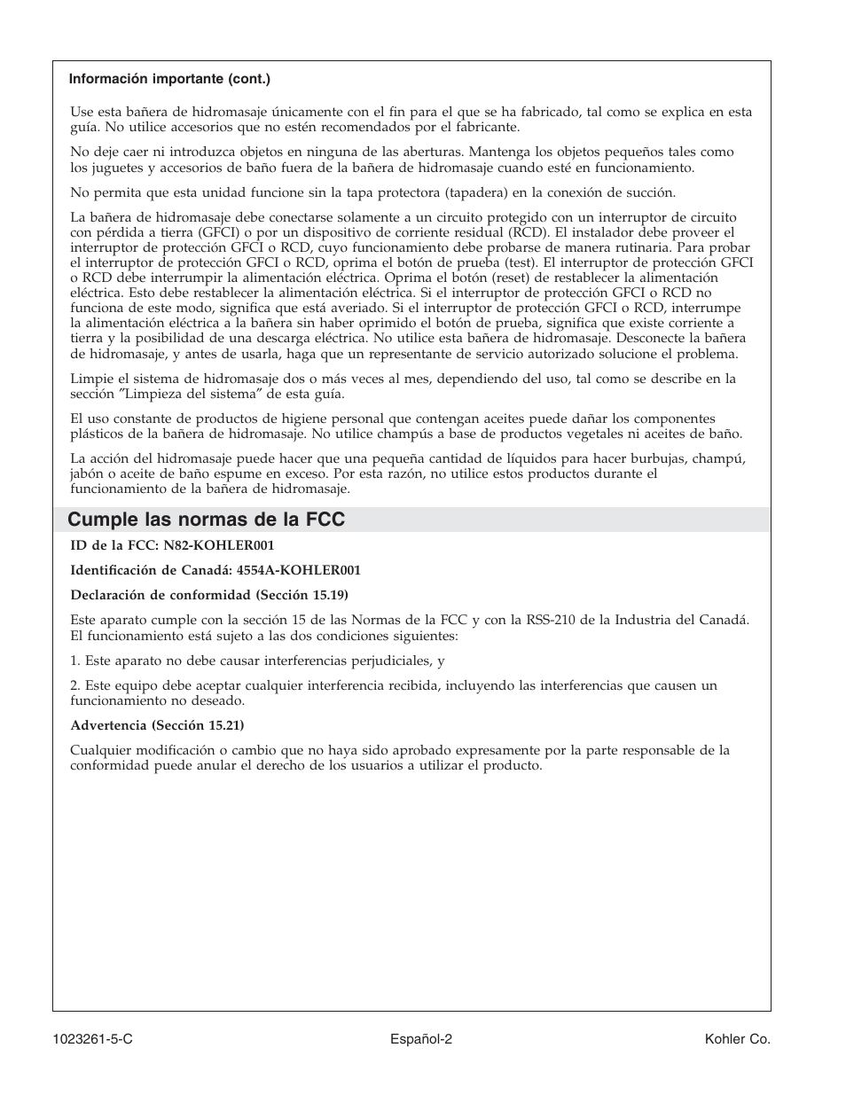 Cumple las normas de la fcc | Kohler Bath Whirlpool K-1110-CT User Manual | Page 34 / 52