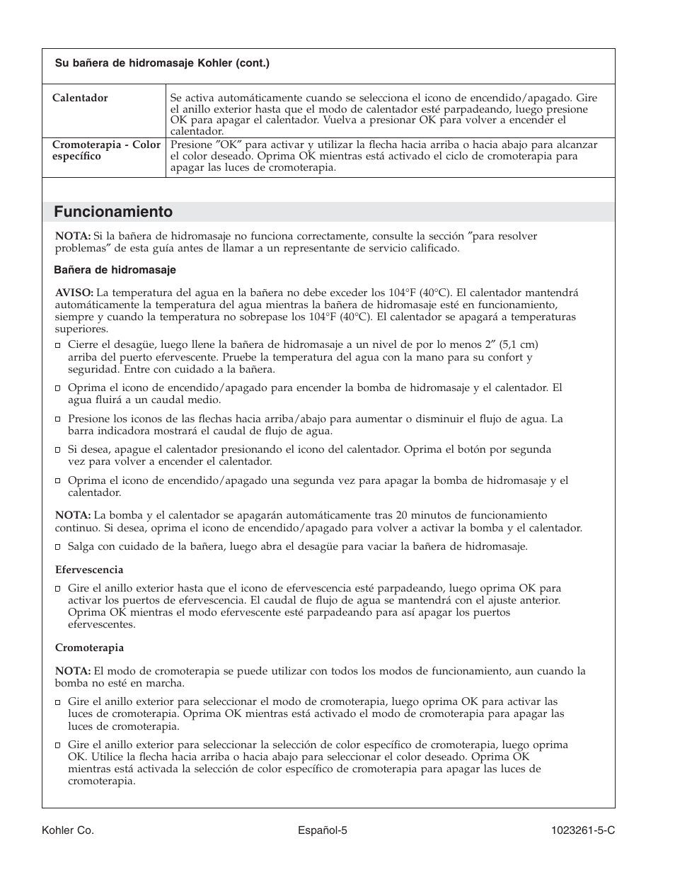 Funcionamiento | Kohler Bath Whirlpool K-1110-CT User Manual | Page 37 / 52
