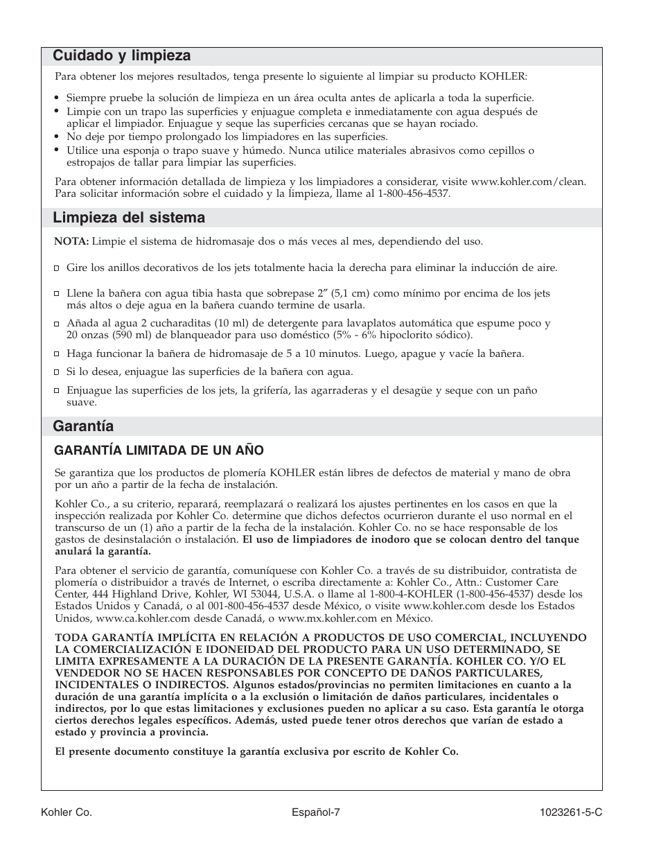 Cuidado y limpieza, Limpieza del sistema, Garantía | Kohler Bath Whirlpool K-1110-CT User Manual | Page 39 / 52