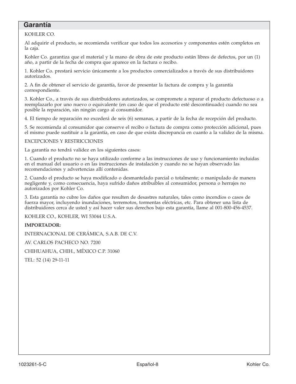 Garantía | Kohler Bath Whirlpool K-1110-CT User Manual | Page 40 / 52