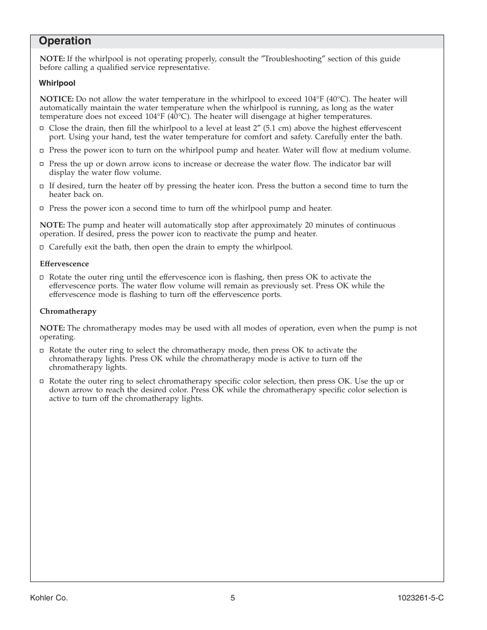 Operation | Kohler Bath Whirlpool K-1110-CT User Manual | Page 5 / 52