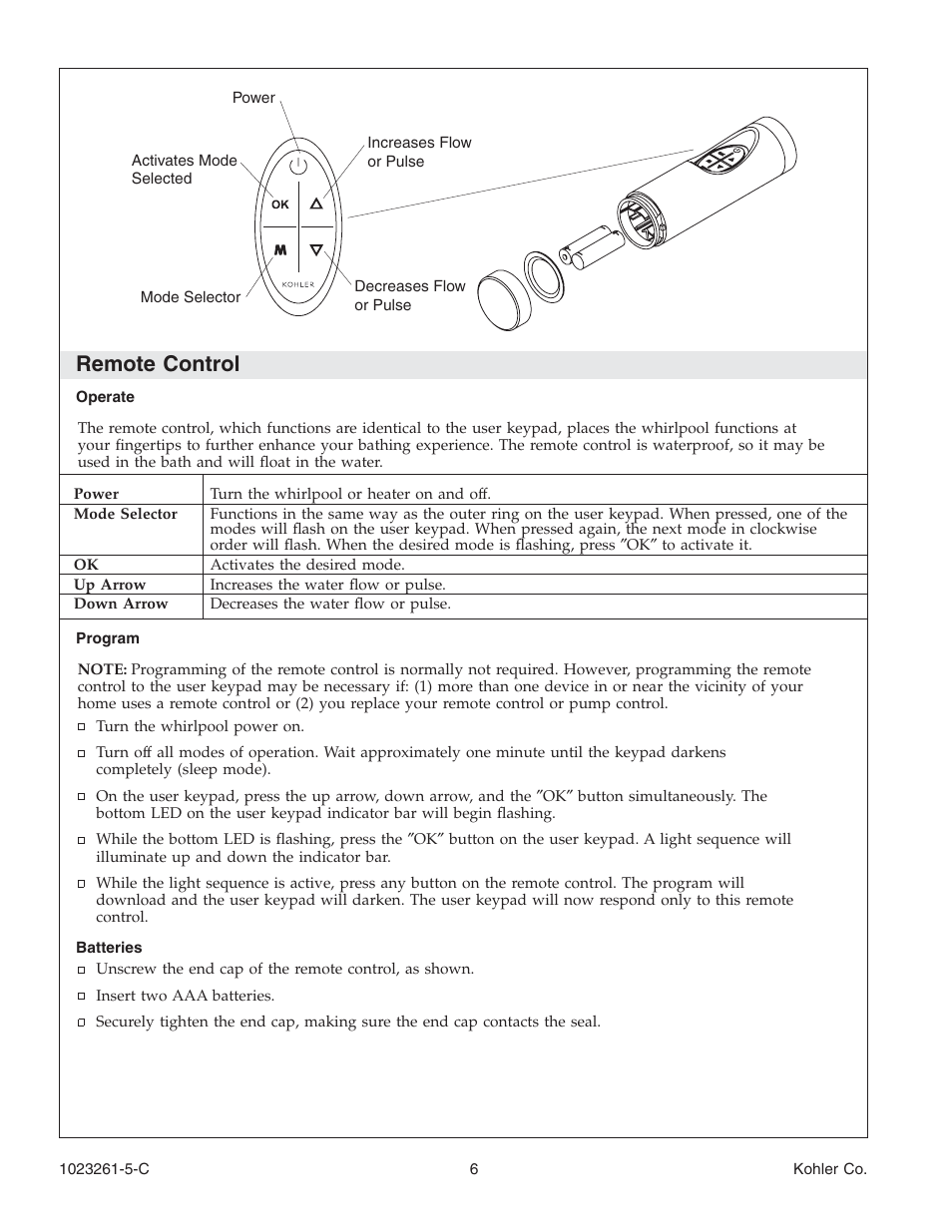 Remote control | Kohler Bath Whirlpool K-1110-CT User Manual | Page 6 / 52