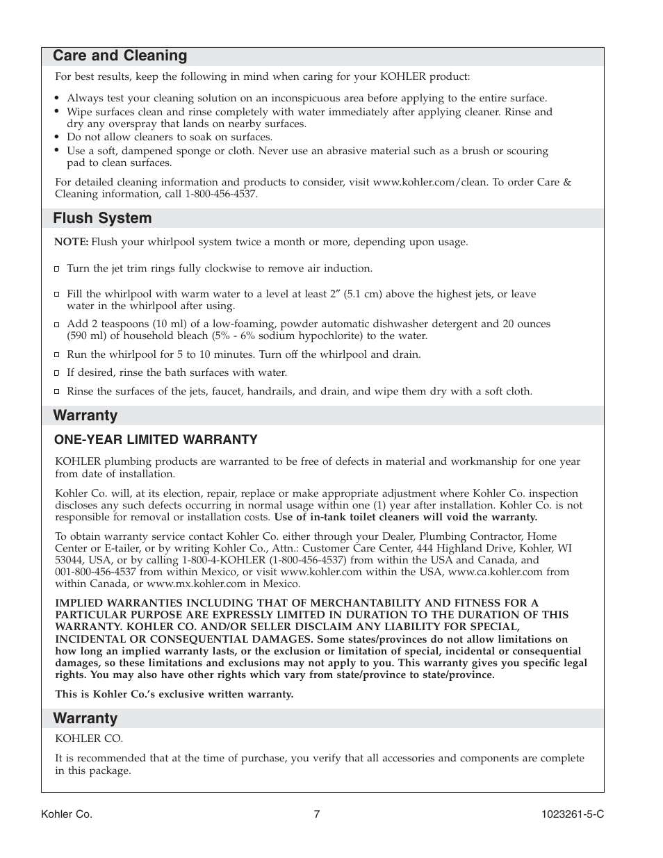 Care and cleaning, Flush system, Warranty | Kohler Bath Whirlpool K-1110-CT User Manual | Page 7 / 52