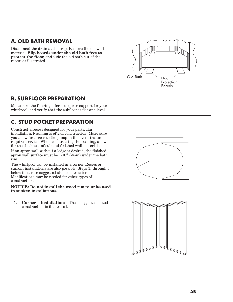 Site preparation, A. old bath removal, B. subfloor preparation | C. stud pocket preparation | Kohler VINTAGE K-1172 User Manual | Page 4 / 8