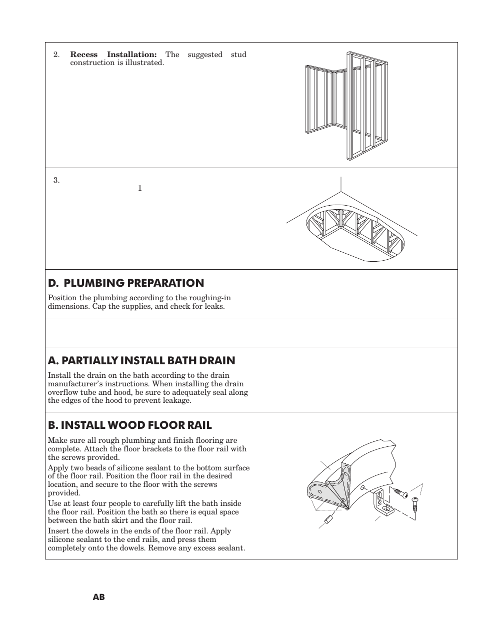 D. plumbing preparation, B. install wood floor rail | Kohler VINTAGE K-1172 User Manual | Page 5 / 8