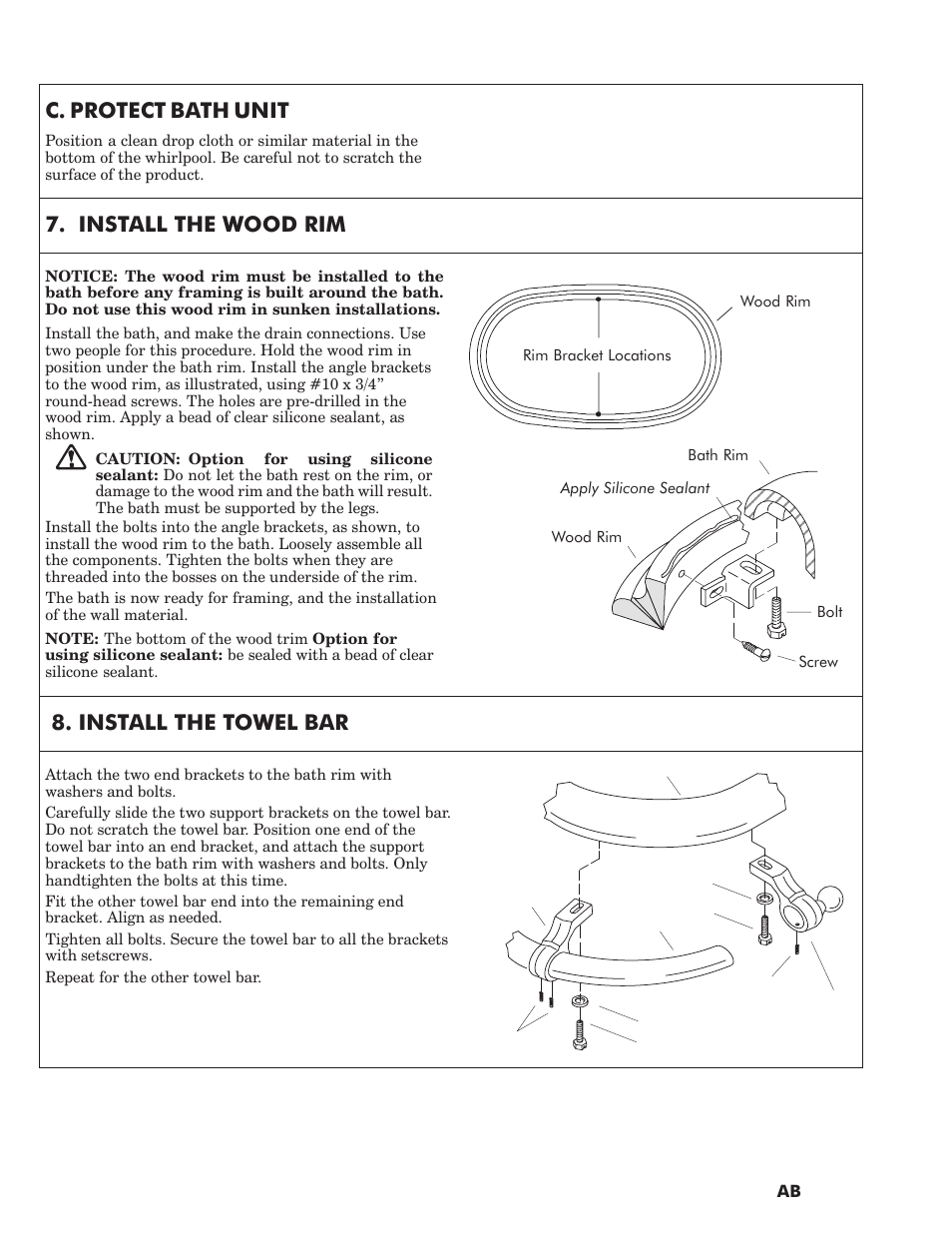 C. protect bath unit, Install the wood rim, Install the towel bar | Kohler VINTAGE K-1172 User Manual | Page 6 / 8